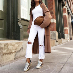 Long-Sleeved Solid Color Loose Woolen Cardigan Coat