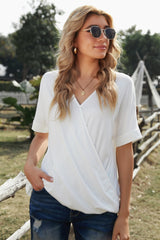 Women's White V Neck Short Sleeves Drape Knit Top
