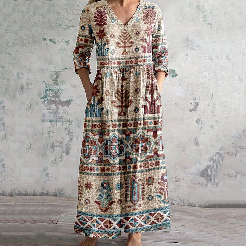 Vintage Western Ethnic Print V-Neck Loose Midi Dress