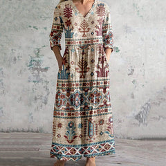 Vintage Western Ethnic Print V-Neck Loose Midi Dress