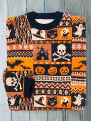 Halloween Pumpkin Ghost Print Crew Neck Sweater