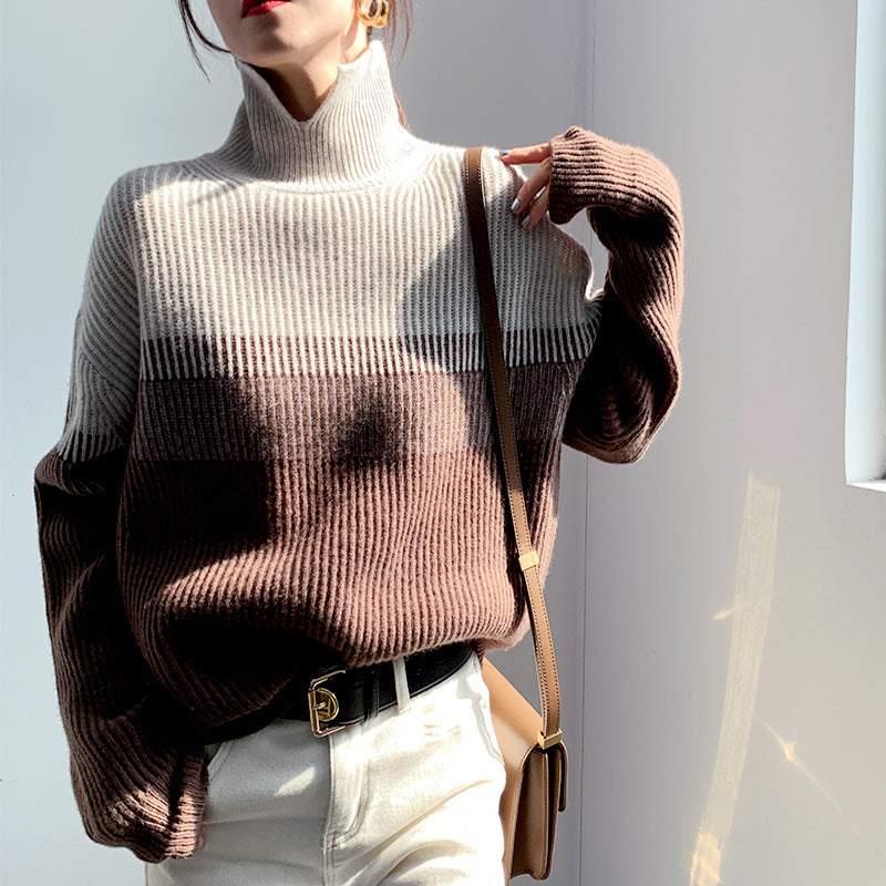 Turtleneck Versatile Gradient Contrast Knit Sweater