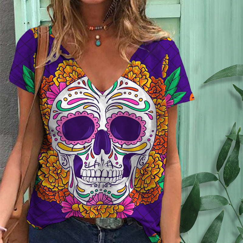 Marigold Skull Print V-Neck T-Shirt