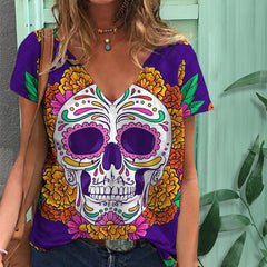 Marigold Skull Print V-Neck T-Shirt