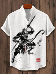 Men's Black Myth Wukong Dark Monkey Warrior Ink Painting Print Linen Blend Short Sleeve Shirt