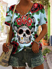 Floral Skull Print Short Sleeve T-Shirt
