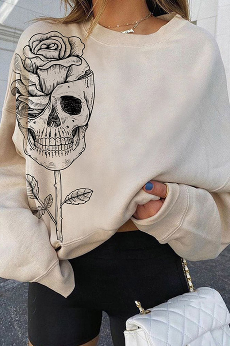 Skull Rose Print Crew Neck Casual Sweatshirt