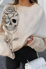 Skull Rose Print Crew Neck Casual Sweatshirt