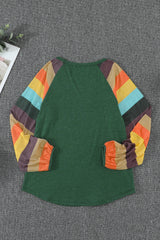 Women's Striped Balloon Sleeves Green Knit Top