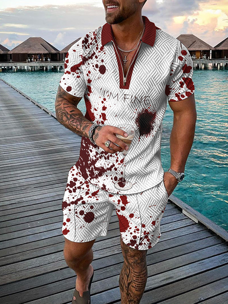 Men's Halloween I'm Fine Causal Print Short Sleeve Polo Shirt And Shorts Co-Ord