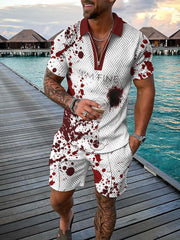 Men's Halloween I'm Fine Causal Print Short Sleeve Polo Shirt And Shorts Co-Ord