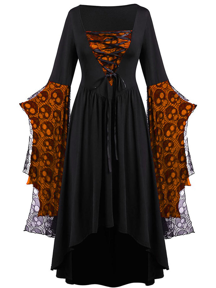Halloween Skull Print Lace Stitching Dress