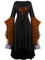 Halloween Skull Print Lace Stitching Dress