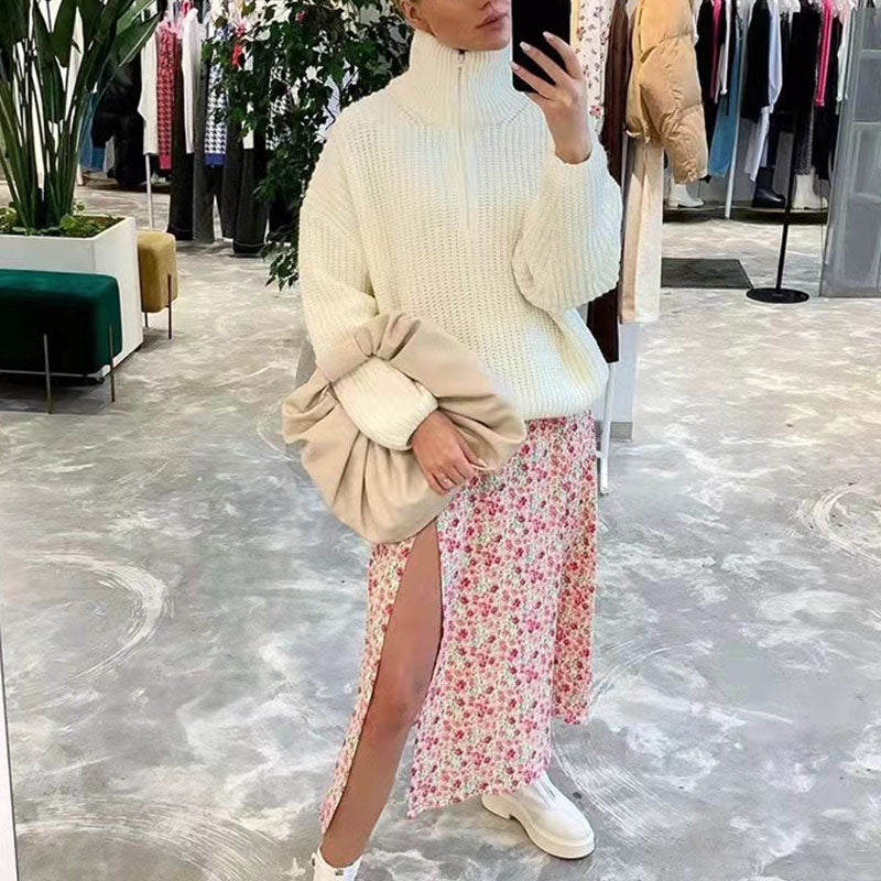Zipper half turtleneck loose casual sweater