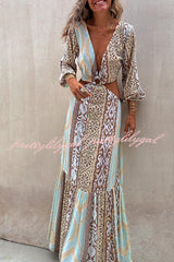 Sefora Unique Color Block Print Long Sleeve Ring Cutout Back Tie-up Maxi Dress