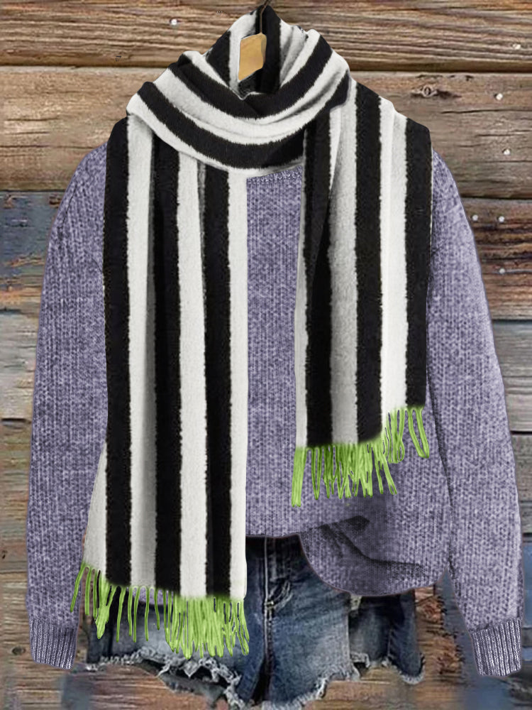 Halloween Horror Movie Striped Contrast Fringe Cozy Scarf