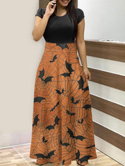 Crew Neck Halloween Bat Print  Maxi Dress