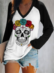Day Of The Dead Rose Wreath Skull V Neck T Shirt