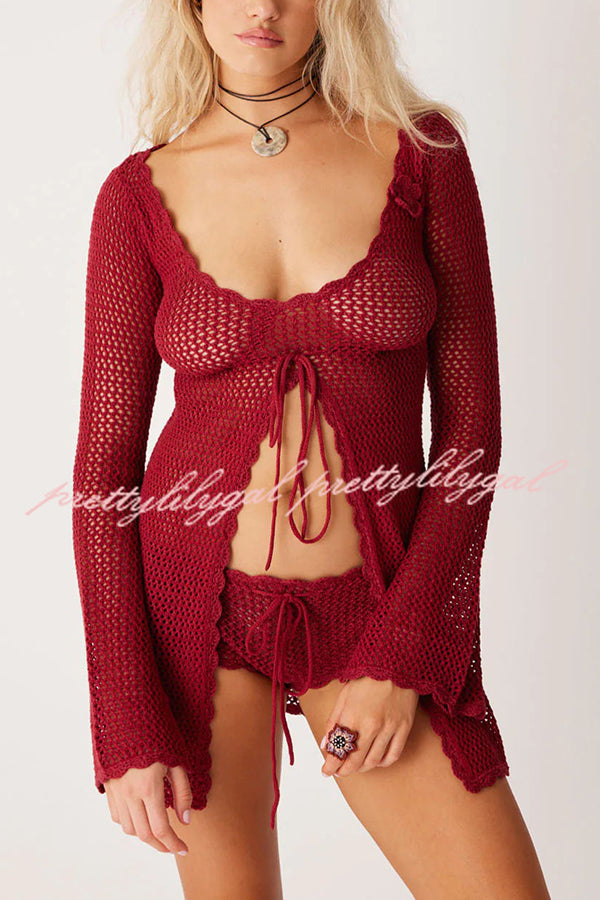 Elegant Knitted Cutout V Neck Lace Up Long Sleeves Cover Ups