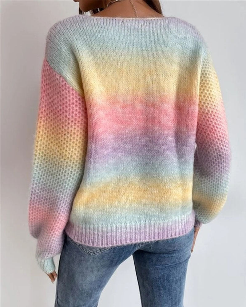 Irregular Gradient Rainbow V-Neck Knit Sweater