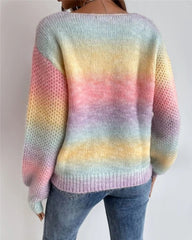 Irregular Gradient Rainbow V-Neck Knit Sweater