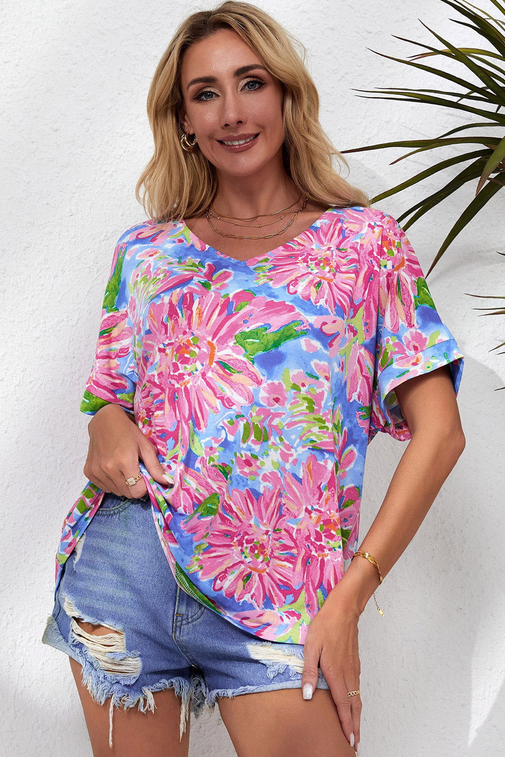 Women's Pink Floral Print V Neck T Shirt