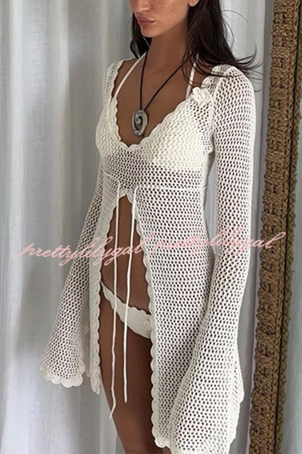 Elegant Knitted Cutout V Neck Lace Up Long Sleeves Cover Ups