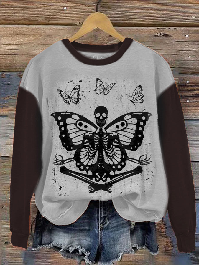 Halloween Skull Butterfly Contrast Print Sweatshirt