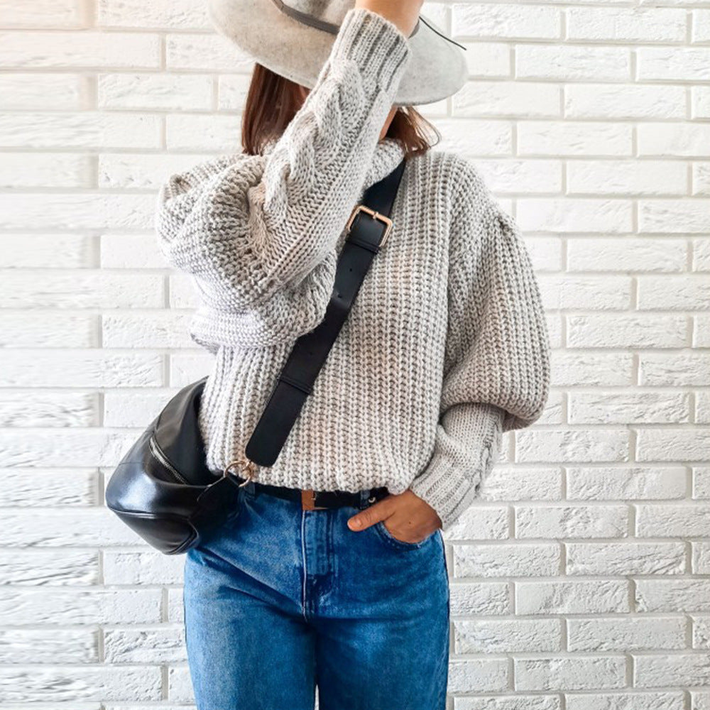 Puffed sleeves loose slouchy high neck knit top