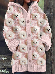 Cute Puppy Faux Embroidery Art Long Sleeve Knitted Hooded Cardigan