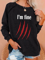 Women's Funny Halloween I'm Fine Bloody Scratch Graphic Sweatshirt