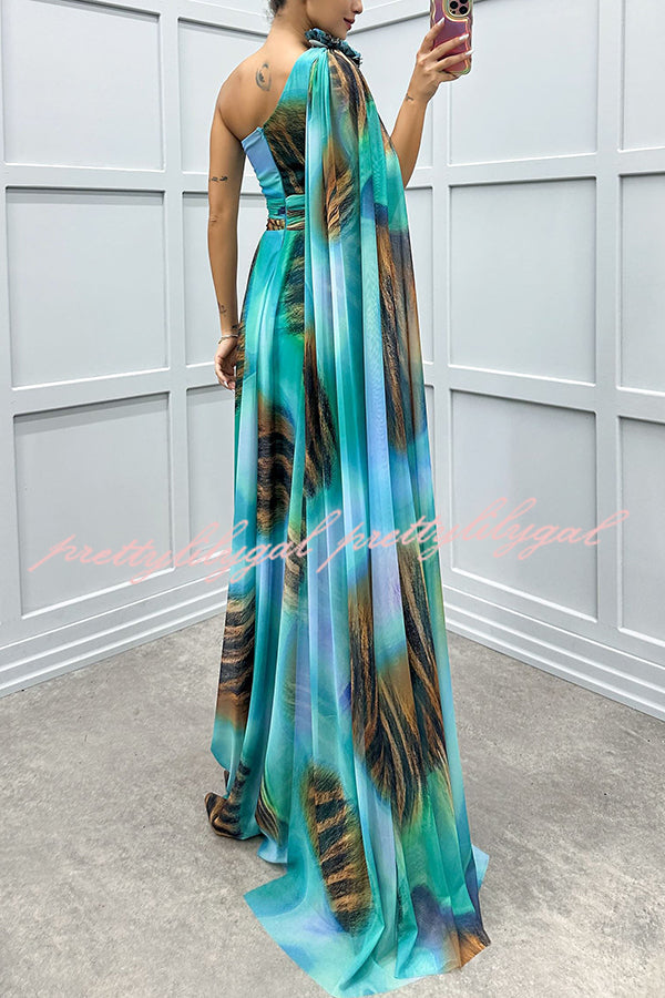 Lucia Unique Print Floral Detail One Shoulder Draped Sleeve Gown Maxi Dress