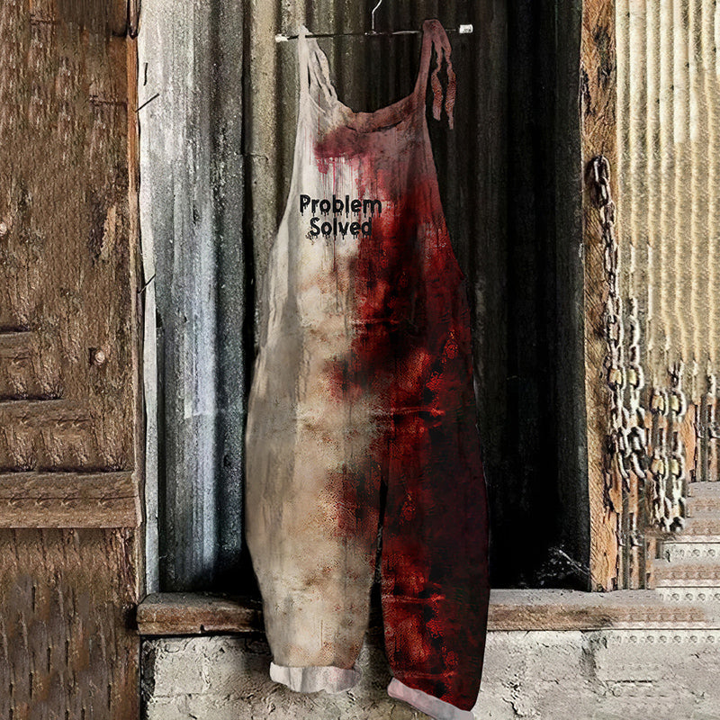 Vintage Bloody Problem Solved Halloween Casual Art Linen Loose Casual Jumpsuit