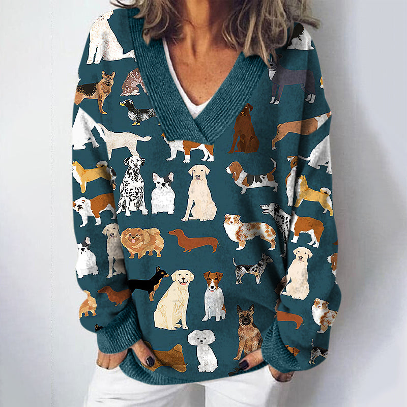 Dog Art Print V-Neck Cozy Knit Sweater