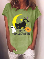 Halloween Cat Print Casual Crewneck T-Shirt