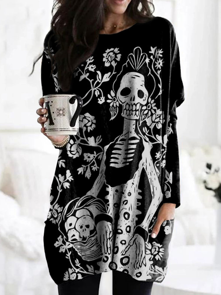 Casual Skull Floral Print Tunic