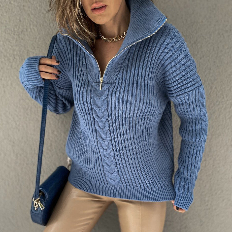 Polo Neck Twist Sweater Loose Casual Zipper Sweater