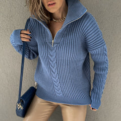 Polo Neck Twist Sweater Loose Casual Zipper Sweater