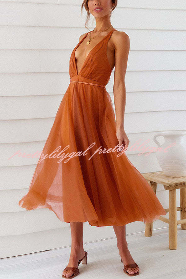 Feeling Romantic V Neck Tulle Midi Dress