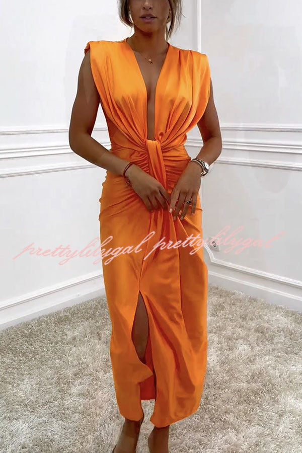 Classic and Sexy Dates V-neck Ruched Drape Slit Midi Dress