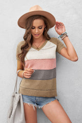 Women's Multicolor Stripe Print V Neck Short Sleeve Knitted Top