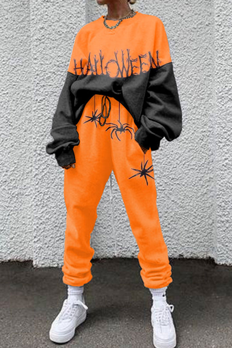Halloween Spider Print Long Sleeve Two Piece Set