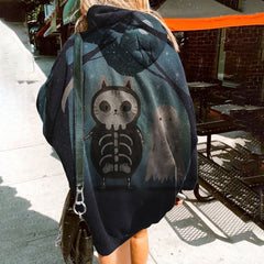 Skull Cat Ghost Print Hoodie