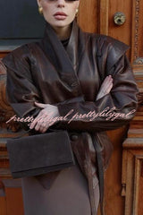 Street Warrior Faux Leather Distressed Style Lace-up Lapel Belt Oversized Jacket