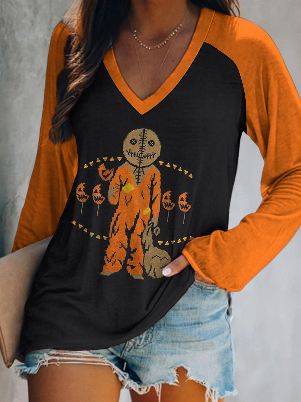 Halloween Cartoon Pumpkin Monster V-Neck Long Sleeve T-Shirt