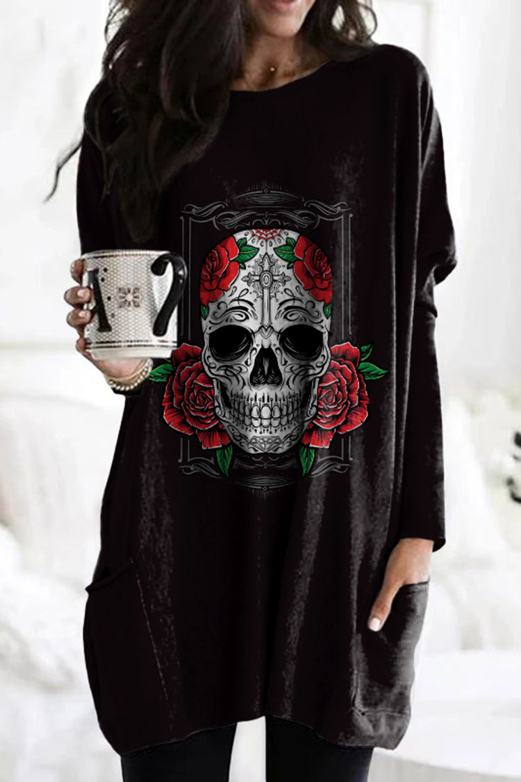 Day Of The Dead Print Crew Neck Pocket Casual Tunic
