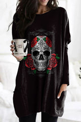 Day Of The Dead Print Crew Neck Pocket Casual Tunic