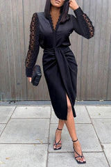 Ticket To Style Contrast Lace Sleeve Work Dress