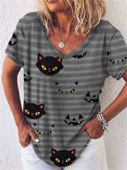 Black Cats & Pumpkin Faces Striped V Neck T Shirt