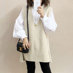 V-neck mid-length vest woolen vest